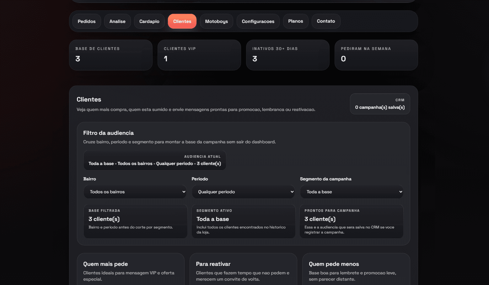 Tela do CRM da loja com filtros de audiencia e segmentos.