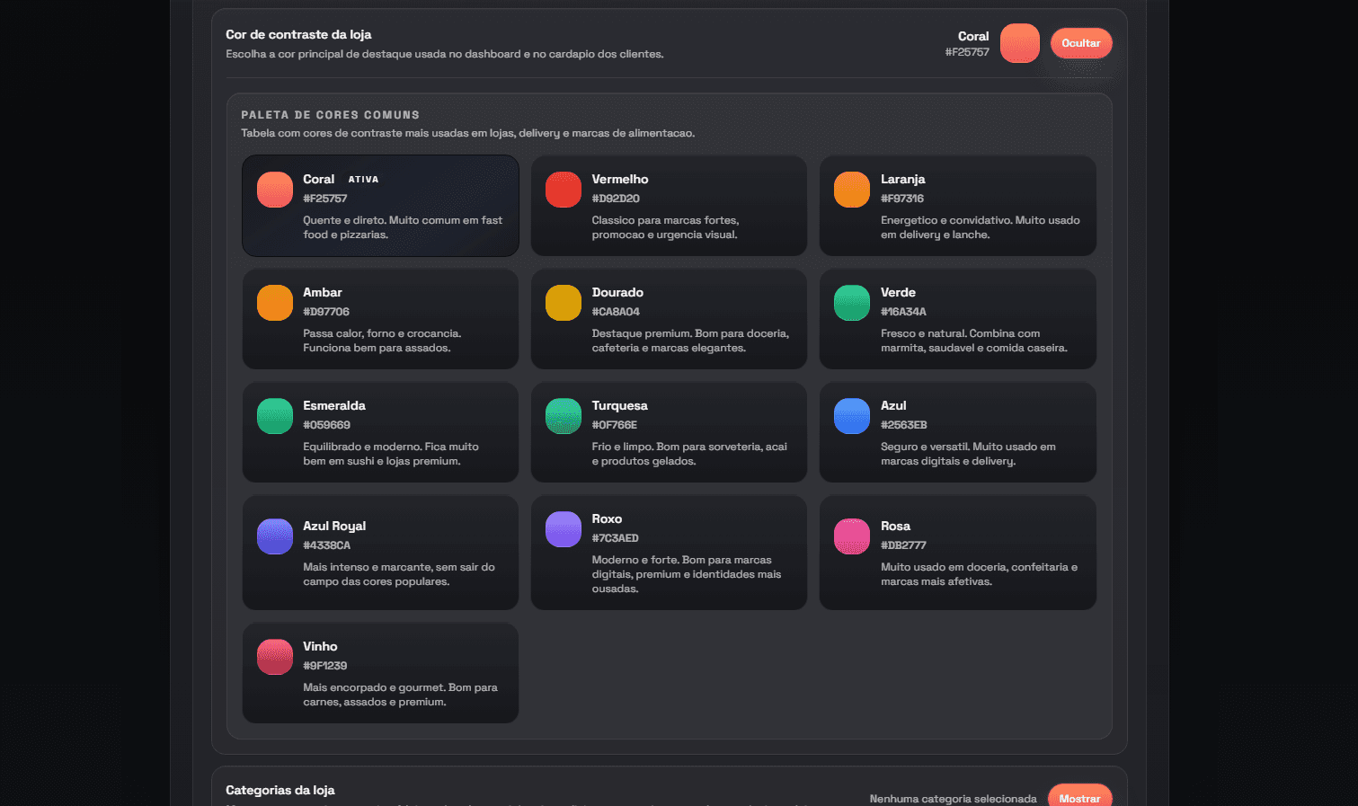 Tela de configuracao da identidade visual e cor de contraste da loja.