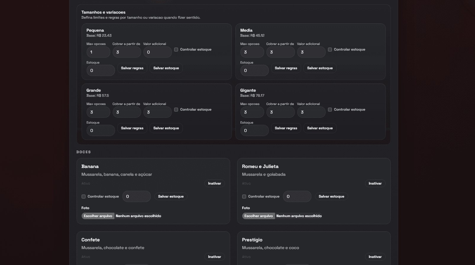 Tela de gestao de tamanhos, variacoes e estoque do catalogo.