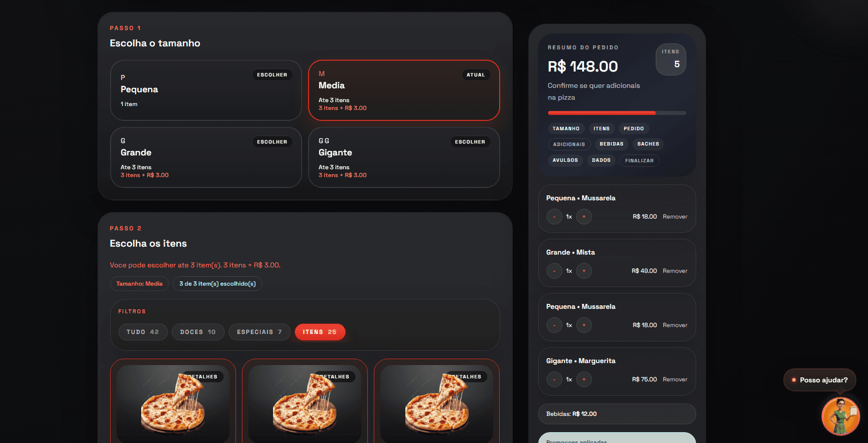 Tela do fluxo guiado de escolha de tamanho, itens e resumo do pedido.